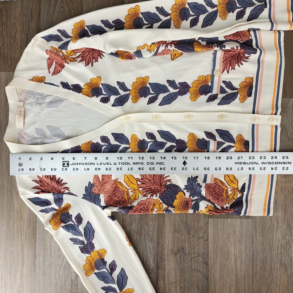 Tory Burch Women Ivory Floral Bird Print Button Front Cardigan Sweater Medium